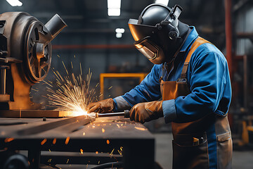 Detailed portrait of a attractive skilled welder working on a metal sculpture in an industrial workshop,ultra hd, realistic, vivid colors, highly detailed. Ai generated - obrazy, fototapety, plakaty