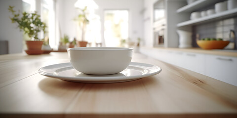 Fototapeta na wymiar Empty white bowl and plate. On wooden table with kitchen in blurred background. Place for product, brand or advertising