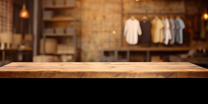  Empty wooden table for product, brand or advertising. With blurred clothing store background