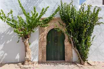 Fototapeta na wymiar A traditional door with pattern and tiles, Hara Sghira Er Riadh - Djerbahood in Tunisia