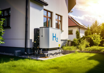 Hydrogen fuel cell power generator near residential house, clean energy for household as imagined by Generative AI