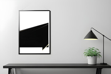 poster mockup featuring a vertical black frame set against the backdrop of a stylish home interior, offering a clean and attractive presentation option.
