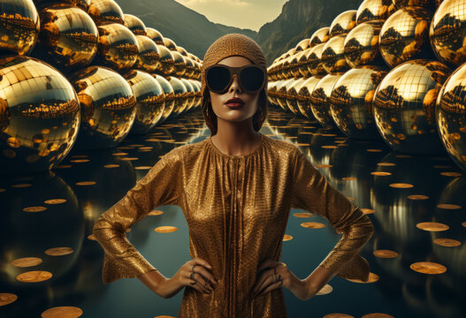 sexy woman in golden dress on open air event party. Perfect for stylish club, disco, fashion events