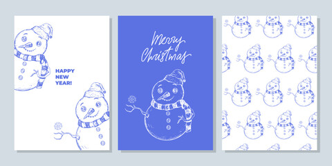 Set of Christmas templates with snowman. Christmas seamless pattern with sketch style snowman. Background with New year illustration