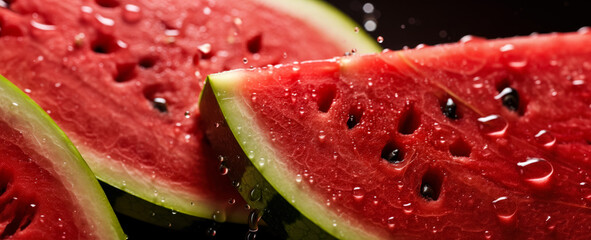 Fresh red watermelon wedges with water drops over them, closeup detail. Generative AI