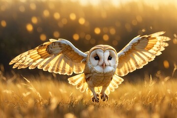 Barn owl with wings flying wide open in flight. ai generative