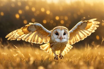 Papier Peint photo Lavable Dessins animés de hibou Barn owl with wings flying wide open in flight. ai generative