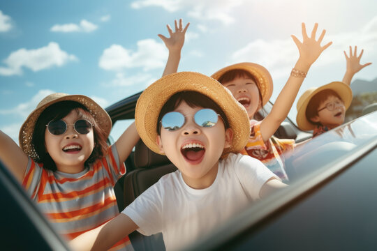 Group of young children riding together in car. This image can be used to depict friendship, adventure, or fun day out with friends.