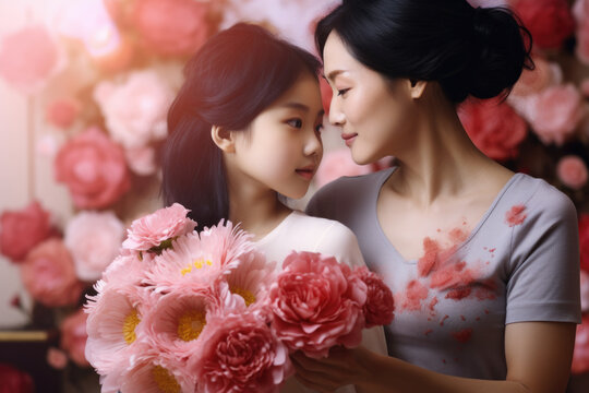 Woman holds bunch of pink flowers next to another woman. This image can be used to depict friendship, gift-giving, or celebrating special occasions.