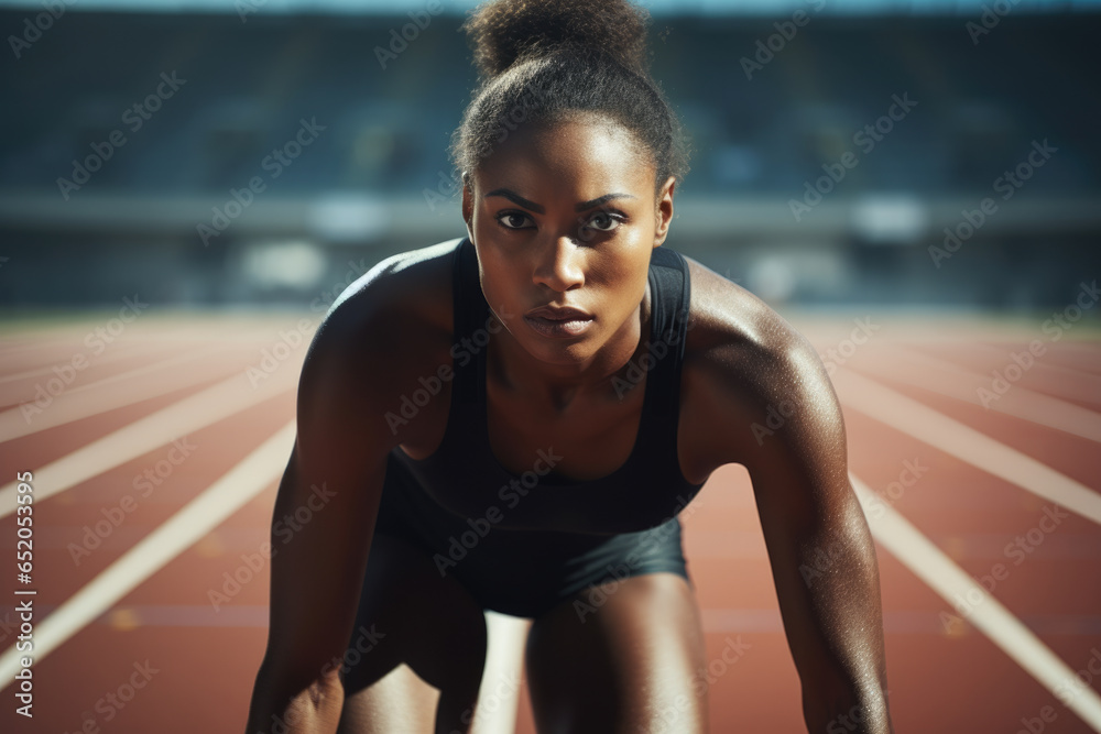 Poster Woman wearing black top and black shorts is pictured on track. This image can be used to depict fitness, exercise, sports, or running.