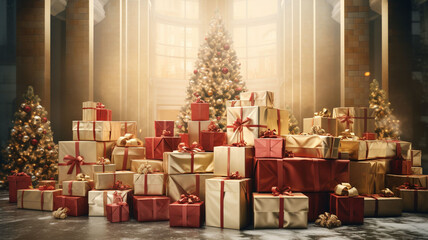 Stack of gift boxes.Christmas presents.Merry Christmas and happy New Year greeting card 