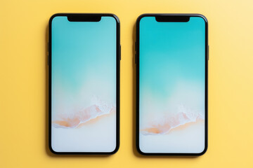 Two iPhones sitting side by side on yellow surface. This image can be used to depict technology, communication, or mobile devices.