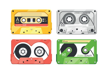 Vintage Audio Or Stereo Cassettes Isolated On White Background. Retro Music Tapes, Analog Audio Cassette Tapes