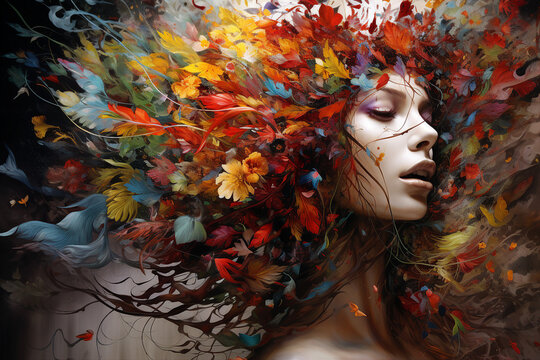 Picture made with generative AI of surreal mysterious creature goddess with flowers wreath