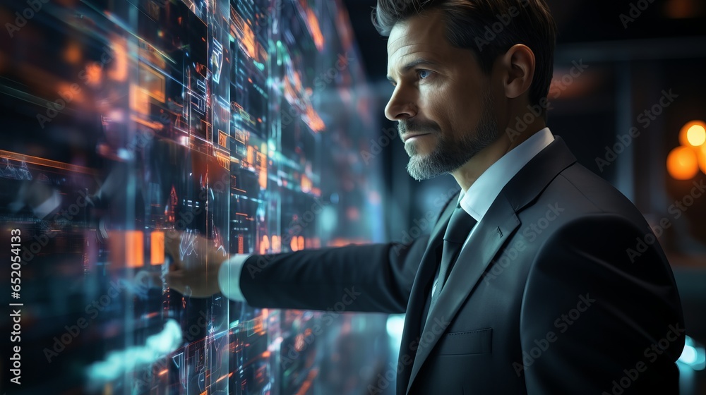 Wall mural a man and holograms with graphs and statistics. concept: politician and economic figure developing a