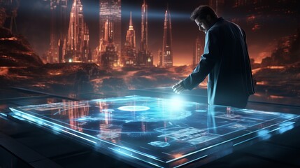 A man and holograms with graphs and statistics. Concept: politician and economic figure developing a strategy. Future technologies for displaying information
