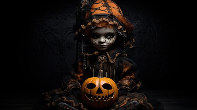 Image of a doll sitting with Halloween pumpkins on black background.