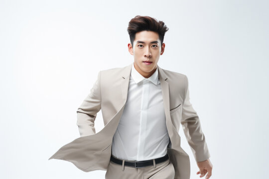 Picture of man wearing tan suit and white shirt. Suitable for corporate or formal occasions.