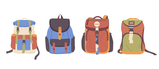 Casual travel backpacks, touristic knapsacks, hiker luggage bag in row isolated set on white