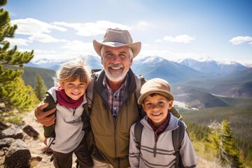 A family hike in the mountains with grandparents and grandchildren exploring the great outdoors - obrazy, fototapety, plakaty