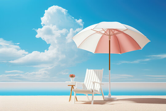 Picture featuring chair and umbrella on beach. Perfect for travel and vacation themes.