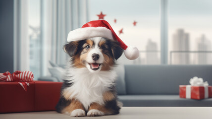 A dog in a Santa Claus hat sits on the floor in a modern apartment. Christmas banner.