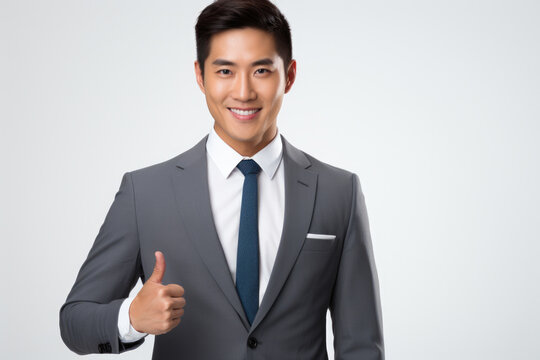 Professional man wearing suit and giving thumbs up gesture. This image can be used to convey approval, success, or positive feedback in various business and professional contexts.