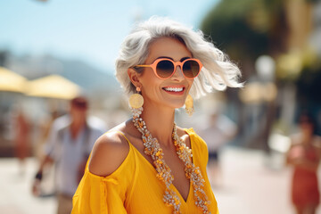 Woman wearing vibrant yellow dress and stylish sunglasses.