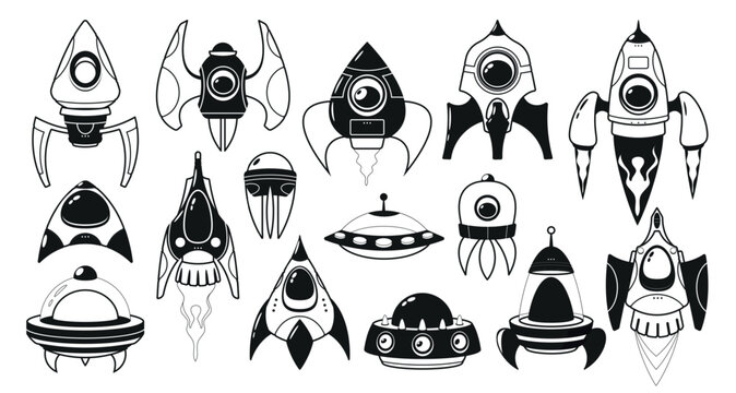 Space-themed Black And White Game Icons Set, Feature Futuristic Spaceships, Each With Unique Designs And Capabilities