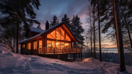 Cozy Cabin Bathed in Warm Candlelight on a beautiful winter night