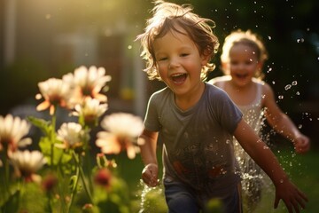 Two young children playing in a flower garden. Generative AI.