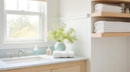 Fototapeta na wymiar Cozy clean interior design with muted costal colors bathroom