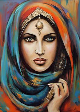 Vibrant and colorful portrait painting of a beautiful Middle Eastern woman wearing a hajib and head jewelry