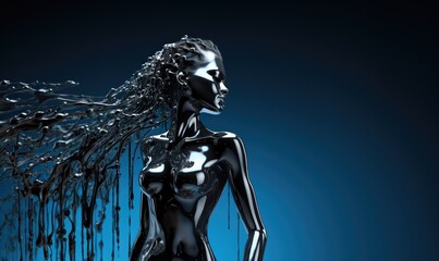 Cascading liquid metall engulfing a futuristic abstract bodyfitness model silhouette, futuristic texture