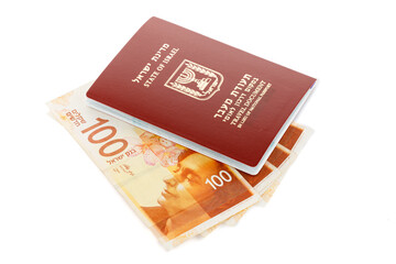 An Israeli travel document, a laissez-passer, costs Israeli shekels. migration journey concept