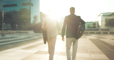 Teamwork, walking or business people shaking hands in city for project agreement or b2b deal. Hiring, outdoor handshake or men meeting for a negotiation, offer or partnership opportunity together - Powered by Adobe