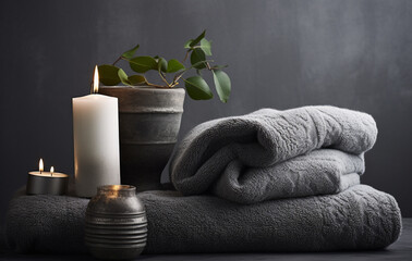 Spa composition with towels and lit candles on concrete table