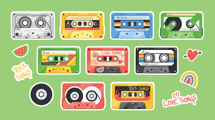 Vintage Audio Cassette Stickers Collection. Retro Labels For Classic Cassette Tapes, Perfect For Nostalgia-themed Design - obrazy, fototapety, plakaty