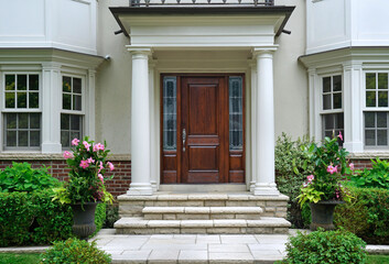 Fototapeta na wymiar Elegant wood grain front door of home with portico entrance surrounded by flowers and shrubs