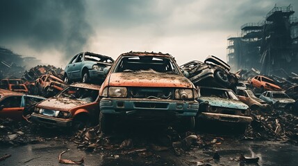 car graveyard, recycling center, auto recycling, ai generated