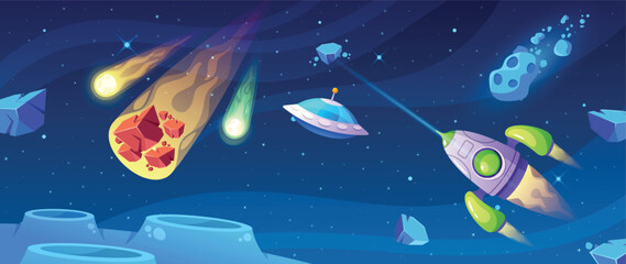 Cartoon Cosmic Game Scene With A Starry Space. Ufo Hovers Mysteriously While A Rocket Embarks On An Interstellar Journey © Pavlo Syvak