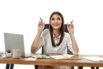 happy woman using laptop and doing love gesture.