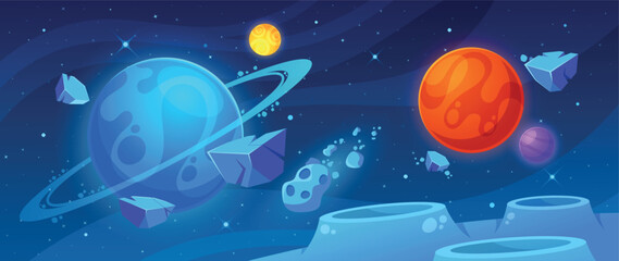 Cartoon Vibrant Space Background With Colorful Planets, Meteorites And Twinkling Stars In Dark Sky With Nebula