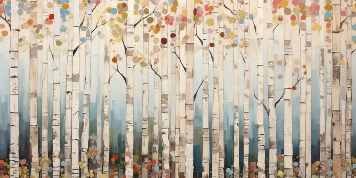 Abstract colorful geometric illustration of birch trees, birch tree forest, horizontal or landscape aspect ratio. Generative AI.

