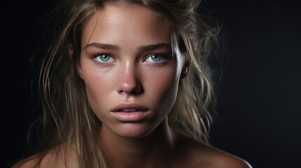 Fototapeta premium Close-up portrait of a young woman with a sad expression. Sadness and depression concept.