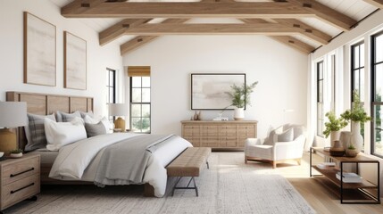 Fototapeta na wymiar luruxy rural modern farmhouse master bedroom with historic wood beams and features