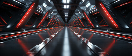 Black sci fi corridor with red light panels wide image