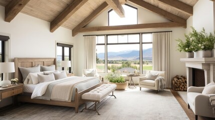 luruxy rural modern farmhouse master bedroom with historic wood beams and features