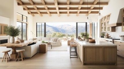 luruxy rural modern farmhouse open plan kitchen with historic wood beams and features