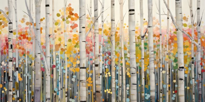 Abstract colorful geometric illustration of birch trees, birch tree forest, horizontal or landscape aspect ratio. Generative AI.

